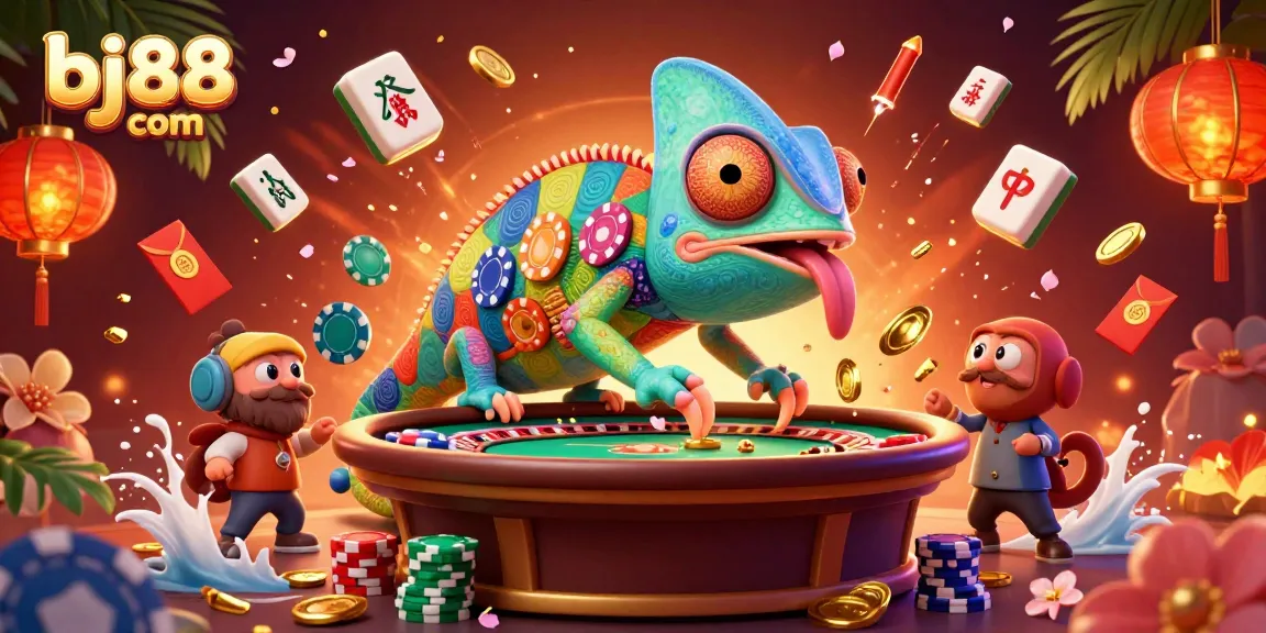 Win at bj88 com with our cartoon chameleon casino owner amidst vibrant casino elements and dynamic gameplay.