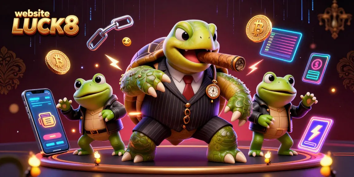 Engage at the website LUCK8 with a vivid 3D casino scene featuring a snapping turtle and bullfrog enforcers.