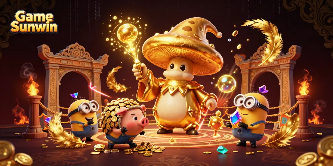Engage in vibrant Game Sunwin experiences with golden characters amidst swirling casino elements for thrilling gameplay.