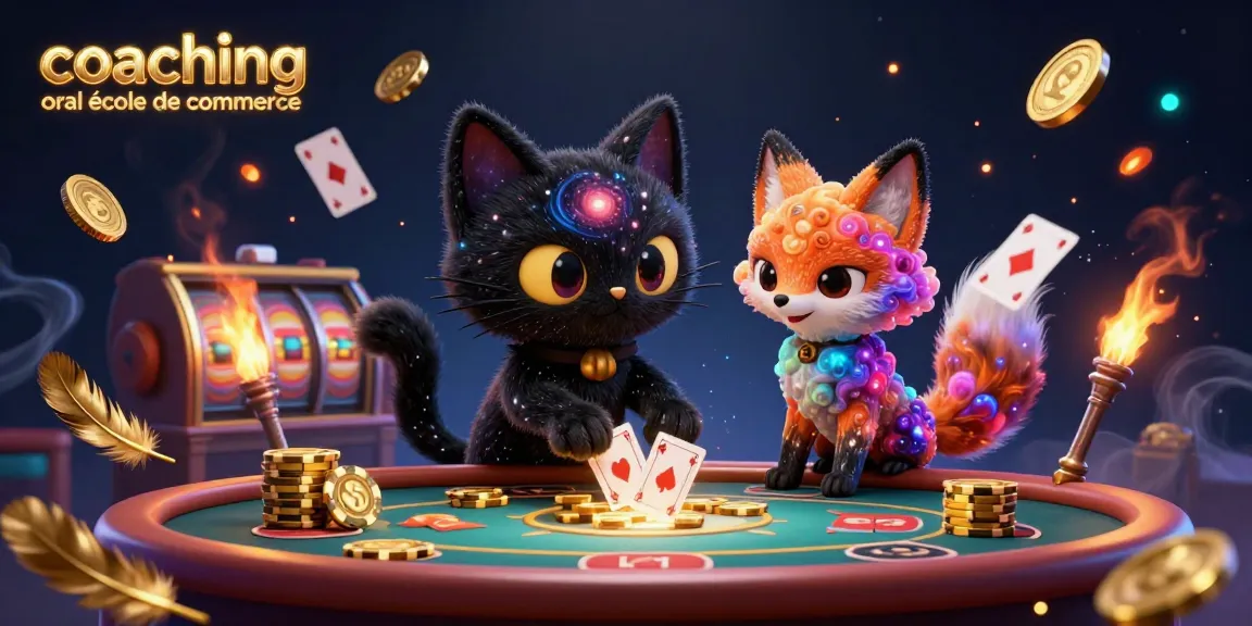 Engaging cosmic casino scene with coaching oral école de commerce elements, featuring colorful characters pulling in chips and cards.