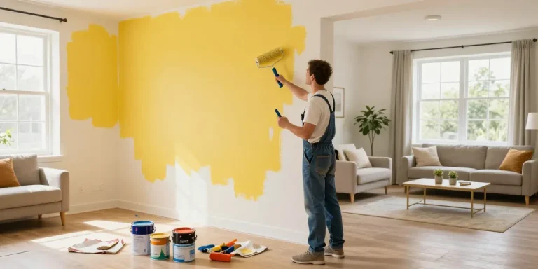 Painter applying vibrant color during painting services in a cozy living room