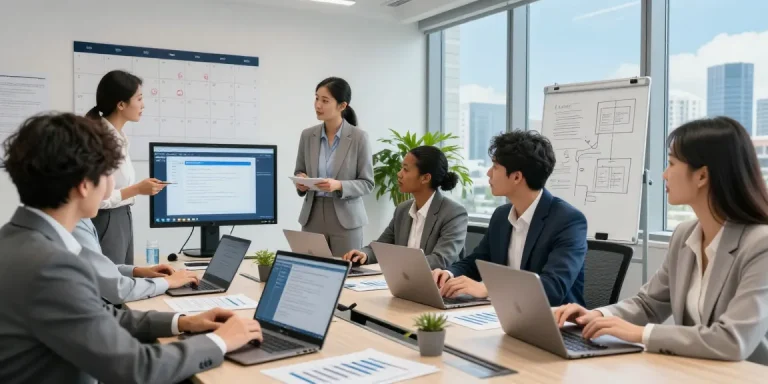 Team collaboration in a modern office showcasing the effectiveness of a service business CRM for seamless project management.