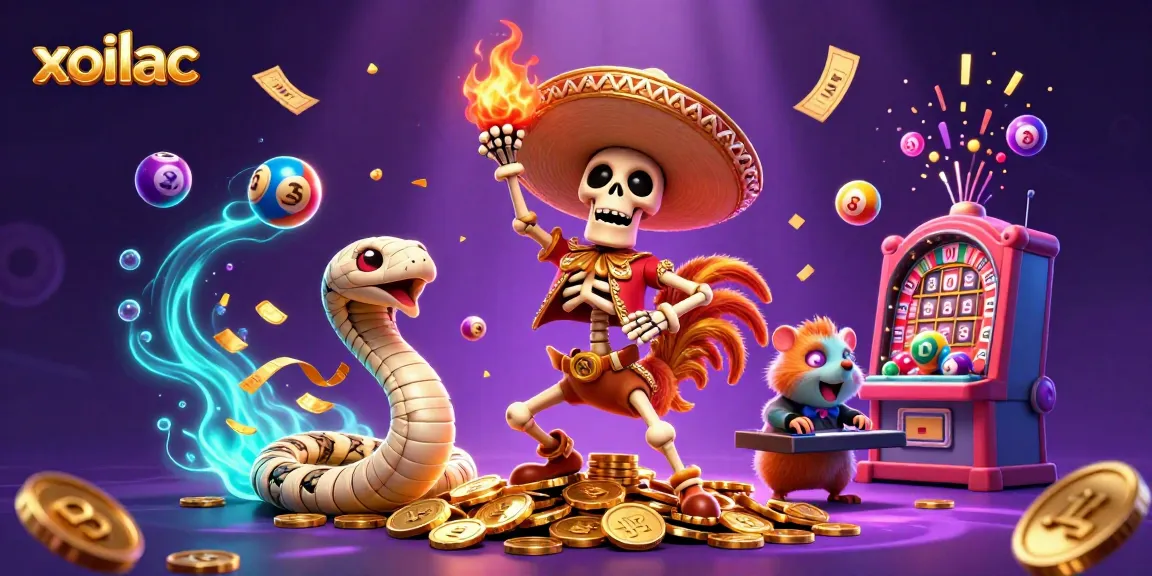 Xoilac enhances your gaming experience with lively characters celebrating amidst casino elements.