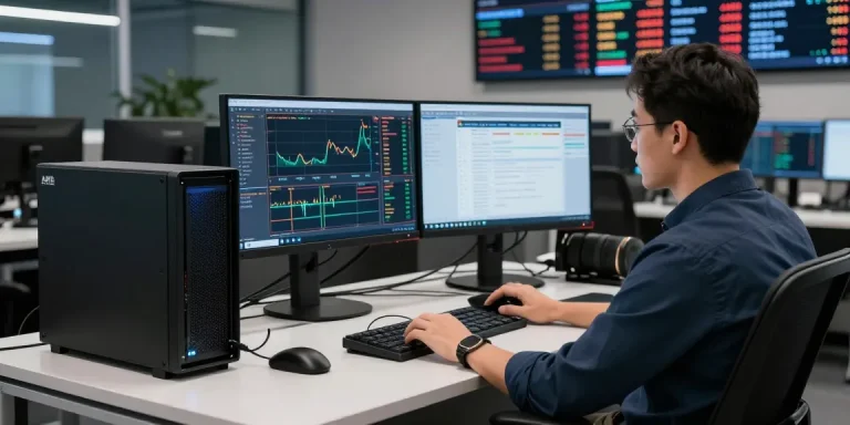 TradoxVPS trading workspace with AMD Ryzen 9 9950X setup, focused trader analyzing market data on multiple monitors.