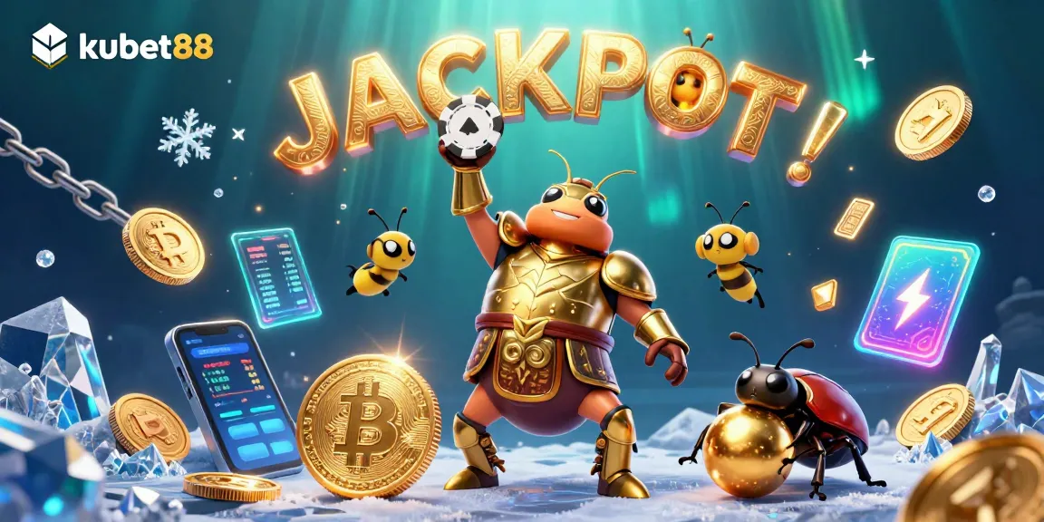 Experience thrilling games at kubet88 with a victorious beetle lifting a poker chip, surrounded by vibrant casino elements.