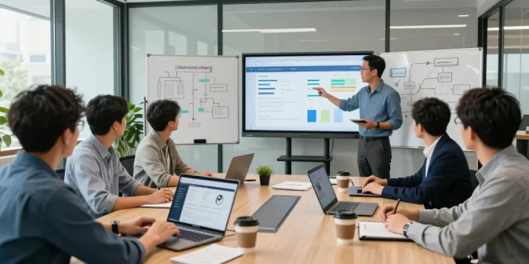 Team of IT specialists discussing web hosting Australia strategies in modern office.