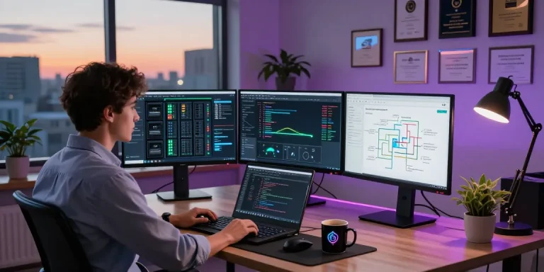 Efficient VDS management setup showcasing server metrics and coding in a modern workspace.