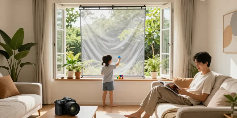 Family enjoying their time indoors protected by a sineklik mesh screen, highlighting home comfort and fresh air.