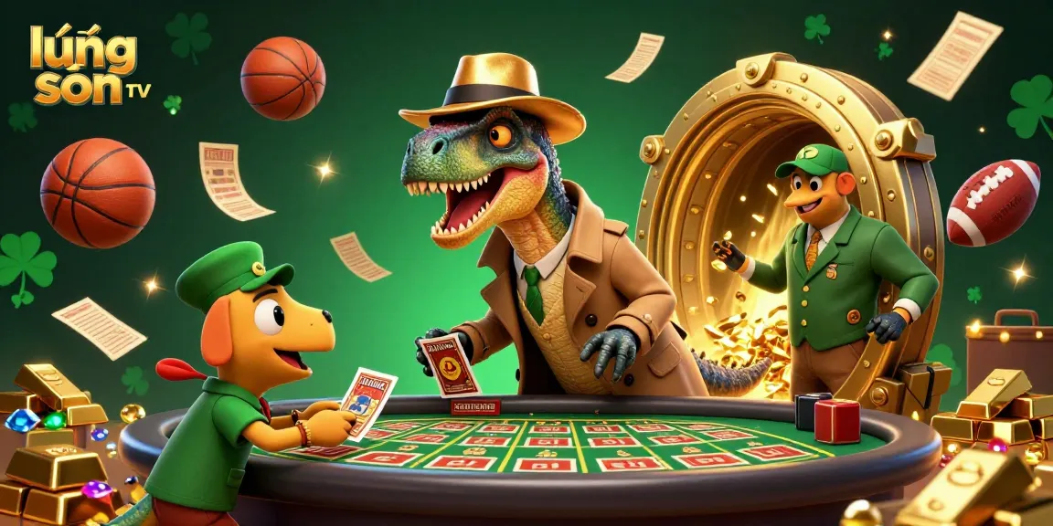 Experience thrilling moments with lương sơn tv as sneaky characters engage in sports betting actions amidst gold and gems.