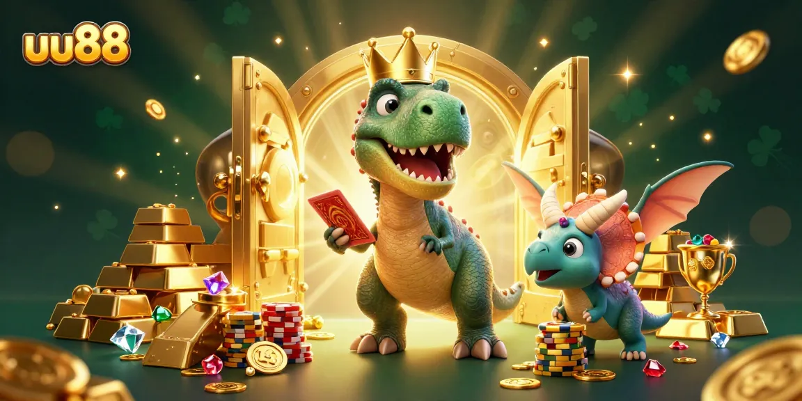 Experience thrilling gameplay with uu88 as a cheerful T-Rex awaits card shuffles amid golden riches.