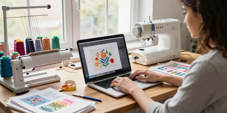 Designer using a free embroidery digitizer in a colorful crafting studio with fabric and threads.