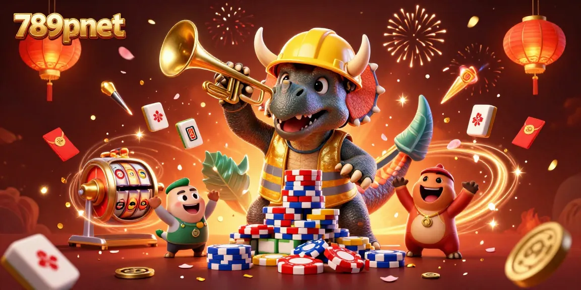 Celebrate wins at 789pnet with playful triceratops and vibrant casino elements in action.