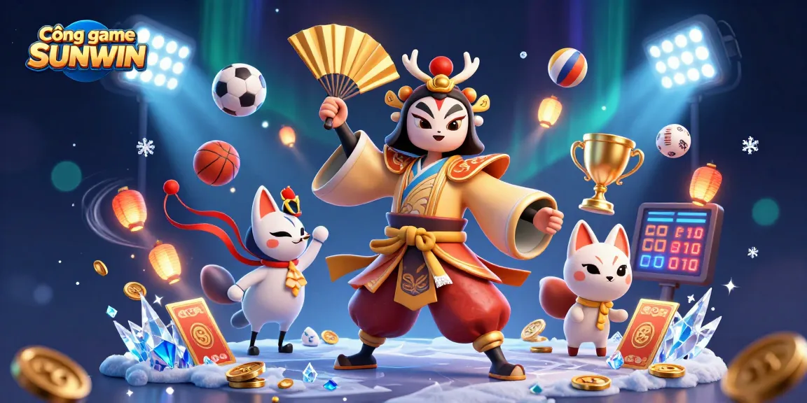 Cổng game SUNWIN players enjoy dynamic gaming with a kabuki warrior and kitsune, enhancing casino excitement.