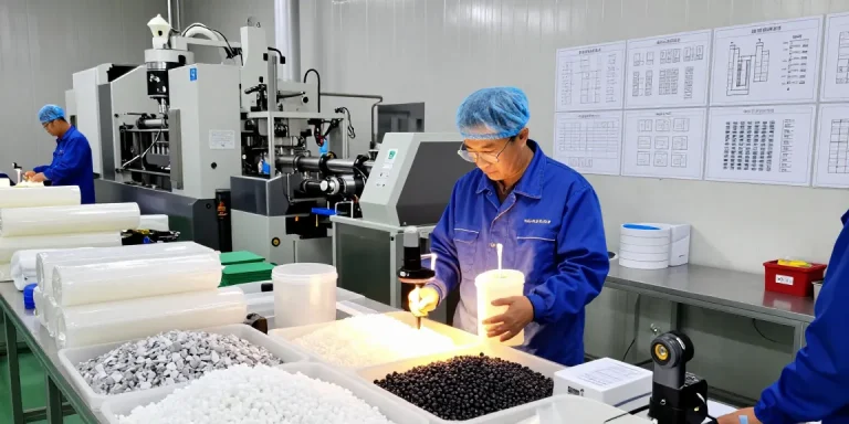 Engineer examining polymer expandable microspheres in a busy manufacturing facility.