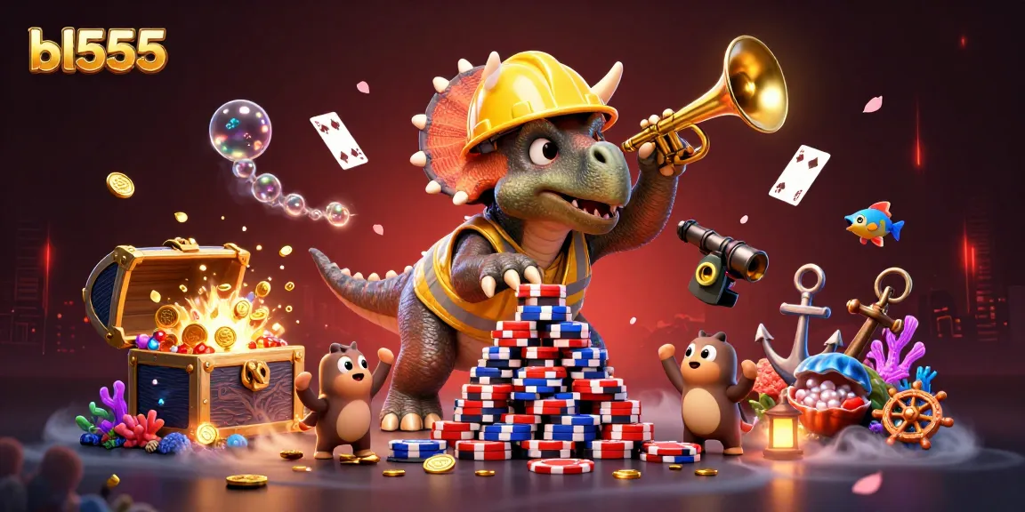 Experience thrilling gaming action with bl555 in this dynamic 3D illustration featuring vibrant casino elements.