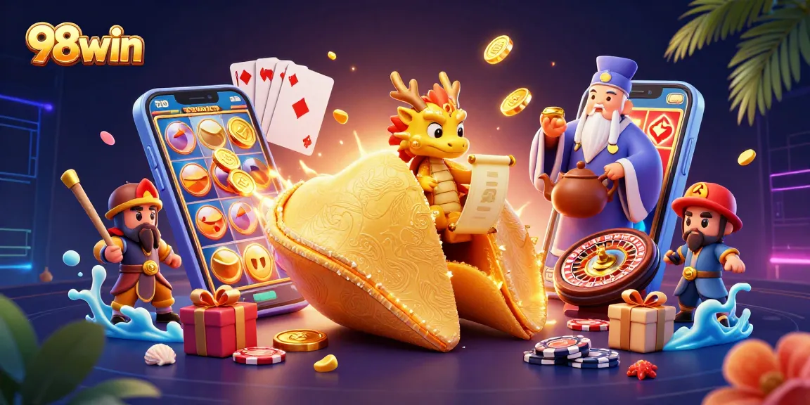 Engage with 98win's vibrant casino world featuring a golden fortune cookie and dynamic gaming elements.