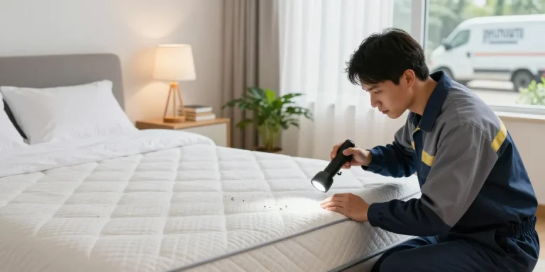 Bed bug exterminator inspecting bedroom for signs of infestation in a clean, inviting space.