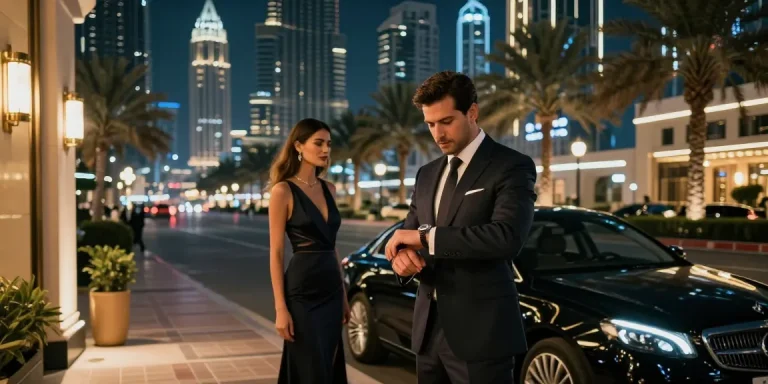 Dubai nightlife scene featuring a gentleman and an elegant escort, embodying the essence of osmdubai.com luxury experiences.