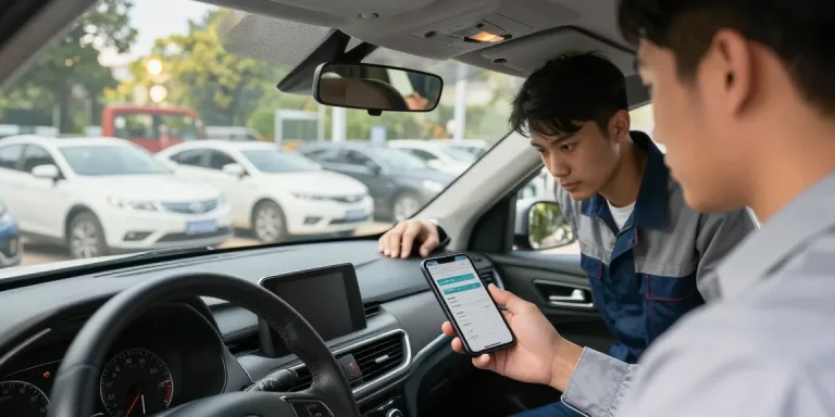 Buyer conducting a vin check on a used car, ensuring vehicle history accuracy before purchase.