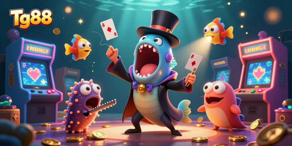 Tg88 brings excitement to life with vivid underwater casino characters performing magical tricks in a vibrant scene.