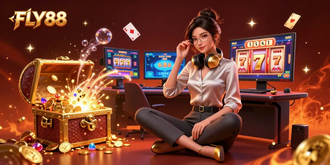 FLY88 showcases winning strategies in a vibrant online casino scene, packed with lively elements and gaming action.