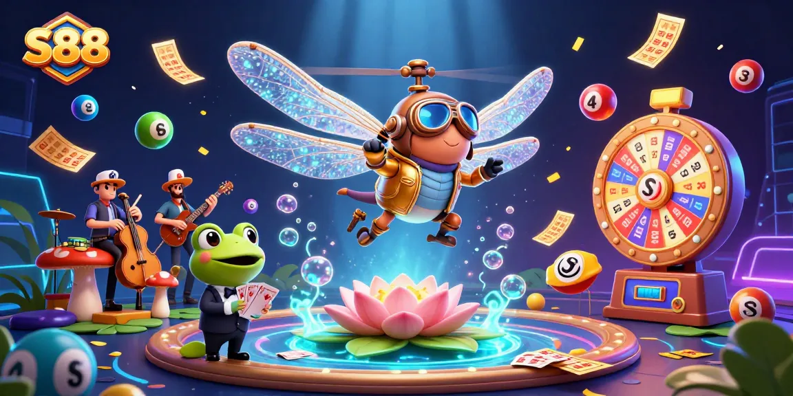 S88 captures winning moments in a vibrant casino scene with a dragonfly pilot and frog dealer.