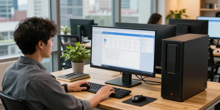 Refurbished pc on a stylish desk with modern accessories and city view.