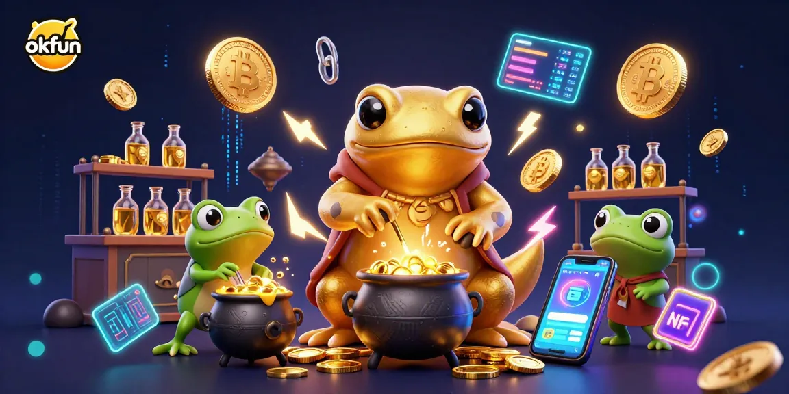 Engage in winning at okfun with a lively 3D casino scene of a golden salamander alchemist and frog.