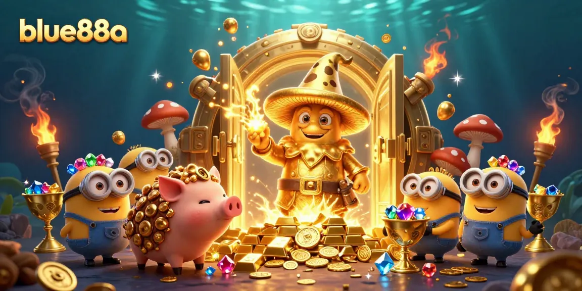 Experience the excitement of blue88a as the golden mushroom wizard uncovers treasure in a vibrant casino scene.