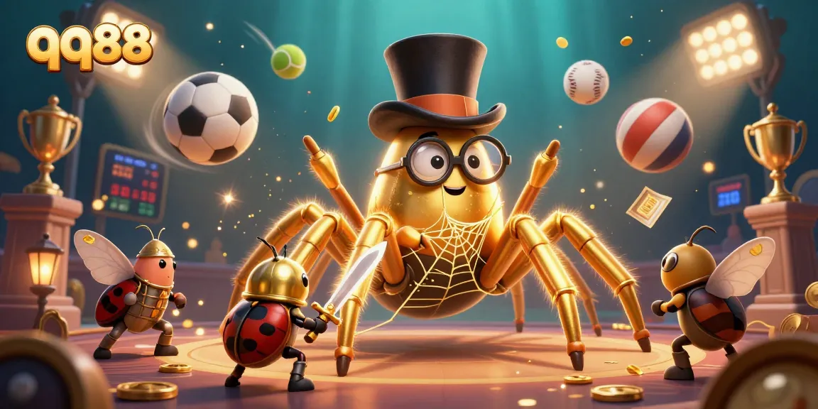 Betting strategy excitement with qq88 in a vibrant, lively casino scene featuring a golden tarantula and beetle knight.