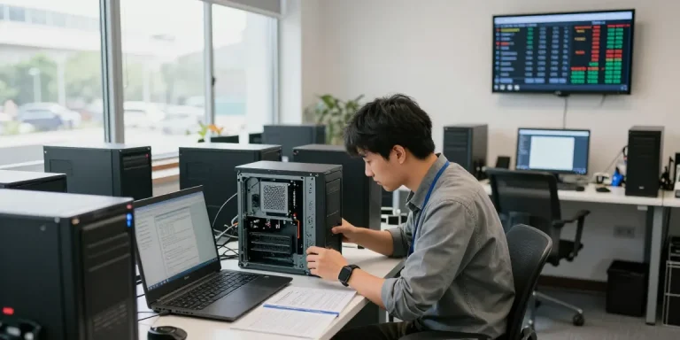 Technician inspecting refurbished PCs in a modern tech workspace showcasing laptops and desktops.