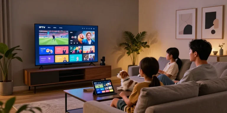 Family enjoying IPTV content on smart TV from iptv-aanbieders.com in cozy living room.