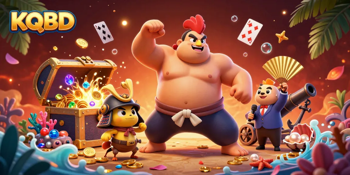 KQBD displays thrilling casino action with a sumo wrestler and samurai cricket in a vibrant gambling scene.