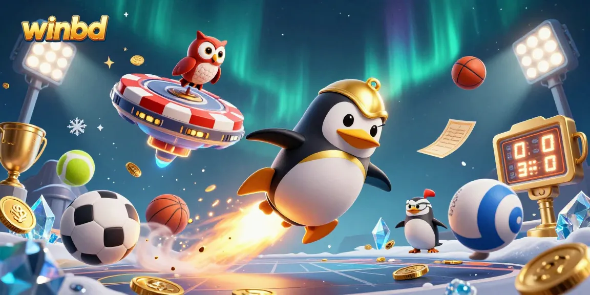 winbd showcases a golden penguin racing towards a casino chip in a vibrant, dynamic gambling scene filled with sports elements.