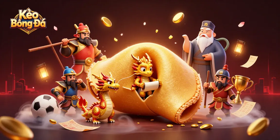 Kèo Bóng Đá sports betting scene with a giant fortune cookie and dynamic gaming elements.