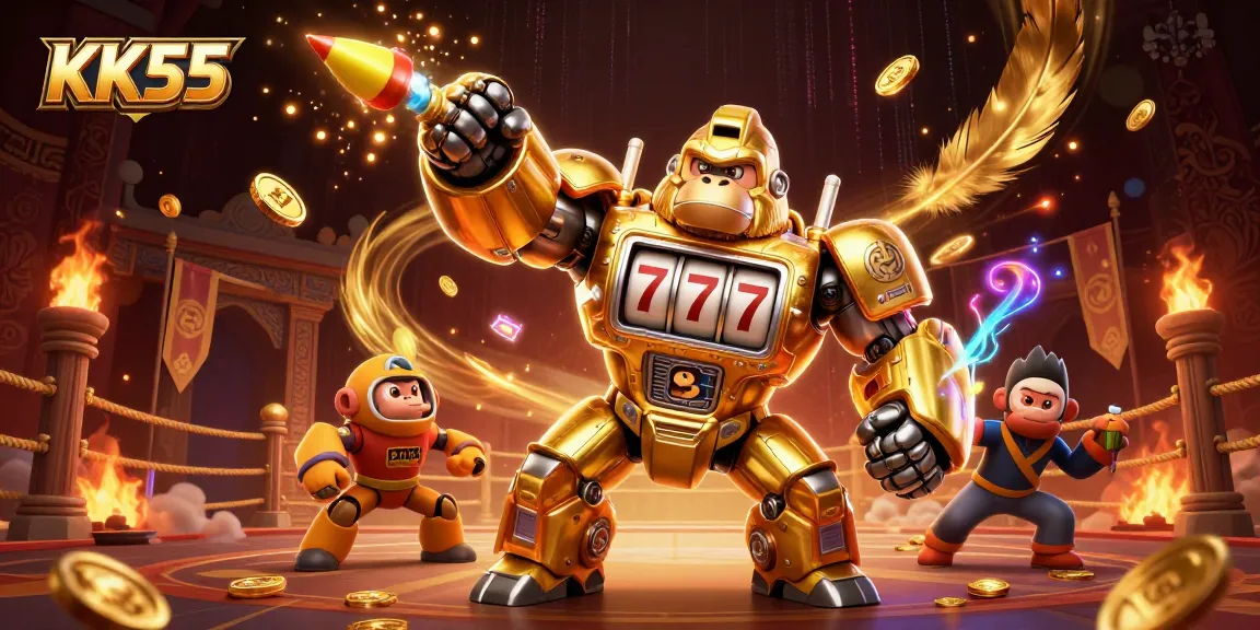 Experience KK55's thrilling casino adventure with a golden gorilla mech surrounded by dynamic game elements.
