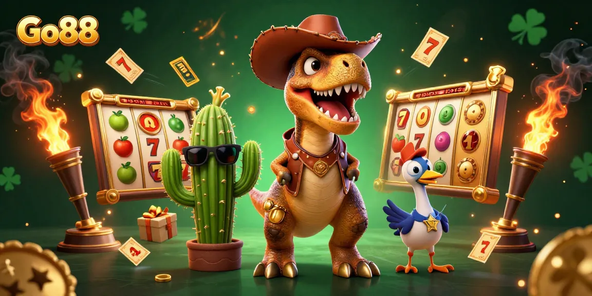 Go88 showcases a vibrant scene with T-Rex and casino elements for exciting gaming adventures.