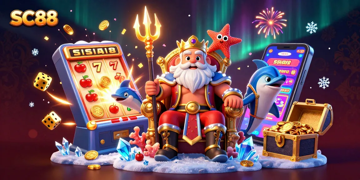 Experience the excitement of SC88 with a vibrant casino scene featuring a slot machine and festive symbols.