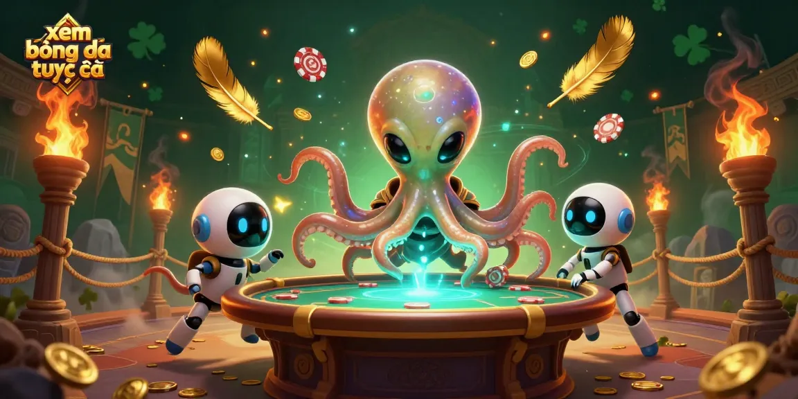 Xem bóng đá trực tiếp with a thrilling scene of a cartoon alien octopus at a holographic poker table.