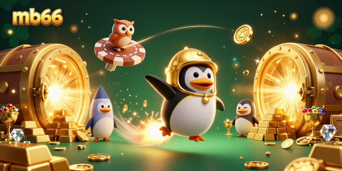 Bet on mb66 with excitement as a golden penguin soars towards a giant poker chip casino station.