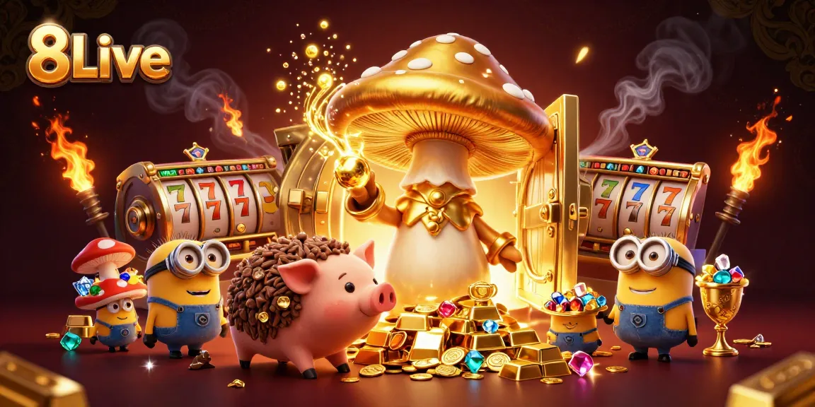 Experience 8Live with golden treasures and jackpot symbols in a vibrant casino illustration.