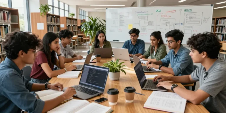 Students studying together at vtuguru.com-inspired modern library, showcasing collaborative engineering learning.
