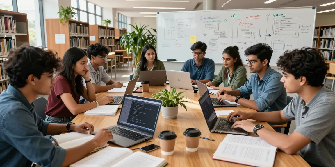 Students studying together at vtuguru.com-inspired modern library, showcasing collaborative engineering learning.