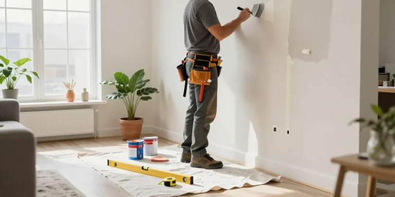 Handyman providing HubPro repair services in a bright, modern living room for drywall repairs.