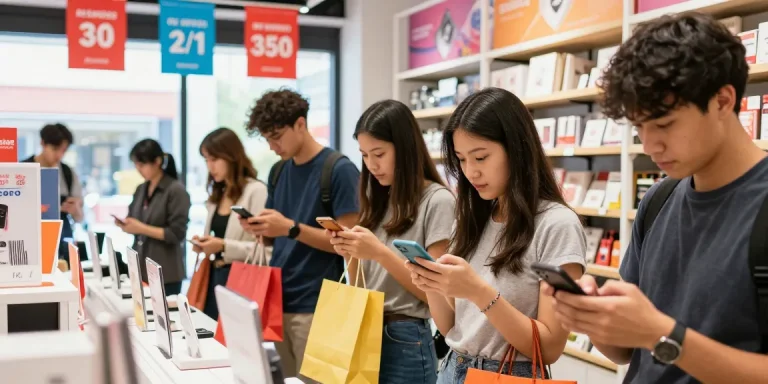 Discount code website in netherlands shoppers using smartphones in a vibrant retail environment