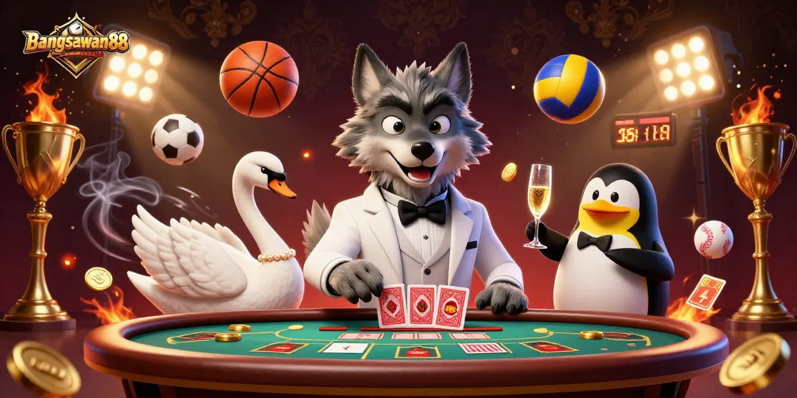 Bangsawan88 showcases vibrant betting action with a debonair wolf, elegant swan, and sophisticated penguin in a dynamic casino setting.