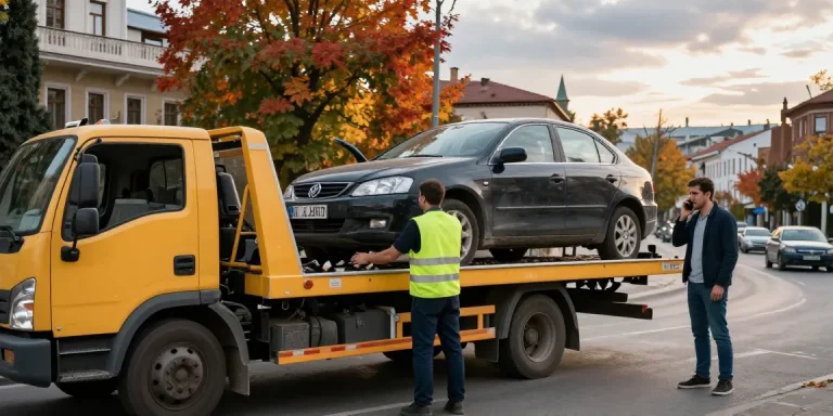Reliable evakuatori evakuatori tbilisi service assisting a car owner in a busy urban setting.