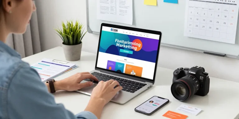 Engaging workspace showcasing pay monthly websites with a business owner designing a website in a professional setting.