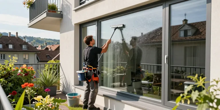 High-quality window cleaning service in Bern, showcasing spotless glass and skilled professionals at work.