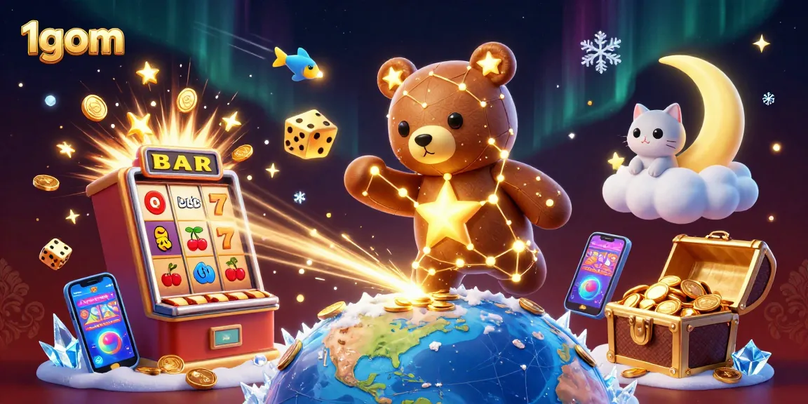 Win massive jackpots with 1gom as the golden bear scoops coins from the earth amidst vibrant casino elements.